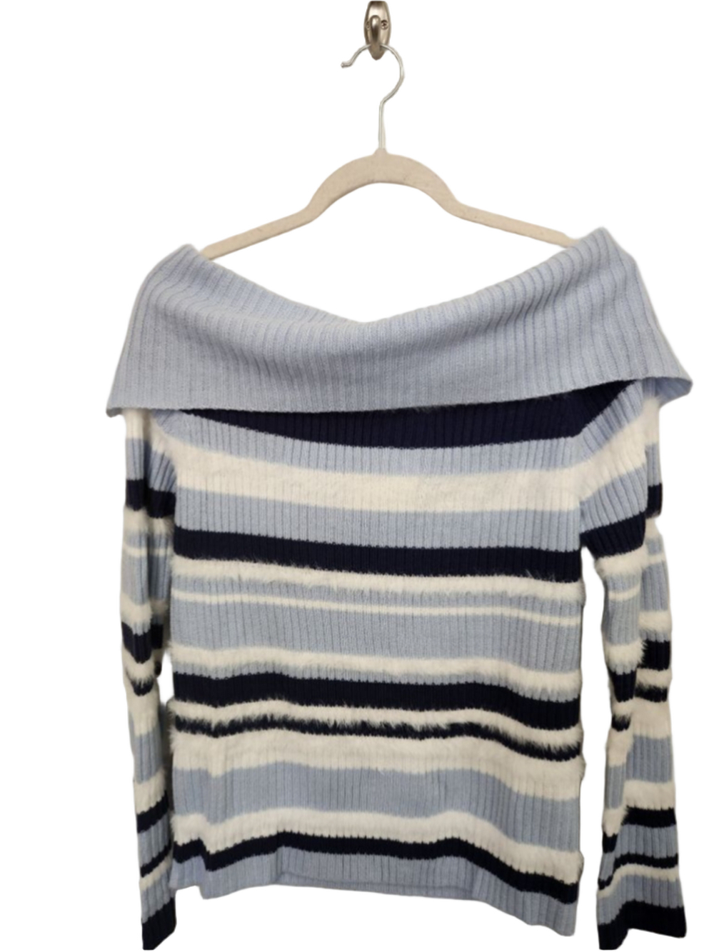 SIMPLER DAZE Off the Shoulder Striped Sweater Blue White